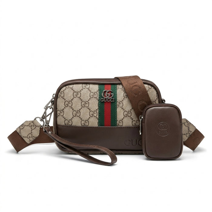 Set de bolso cruzado texturizado con franja verde y roja + mini bolso