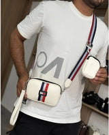 Set de bolso cruzado blanco con franjas tricolor y mini bolso adicional