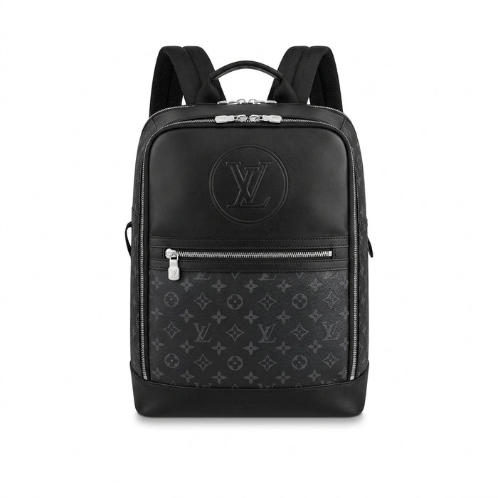 Mochila negra con panel estampado y cierres dorados