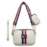 Set de bolso cruzado blanco con franjas tricolor y mini bolso adicional