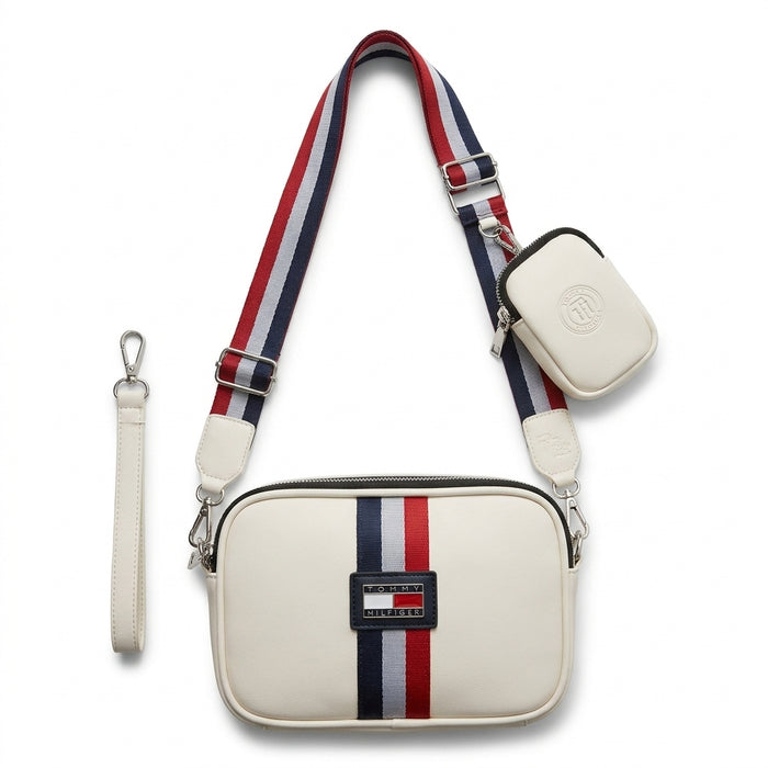 Set de bolso cruzado blanco con franjas tricolor y mini bolso adicional