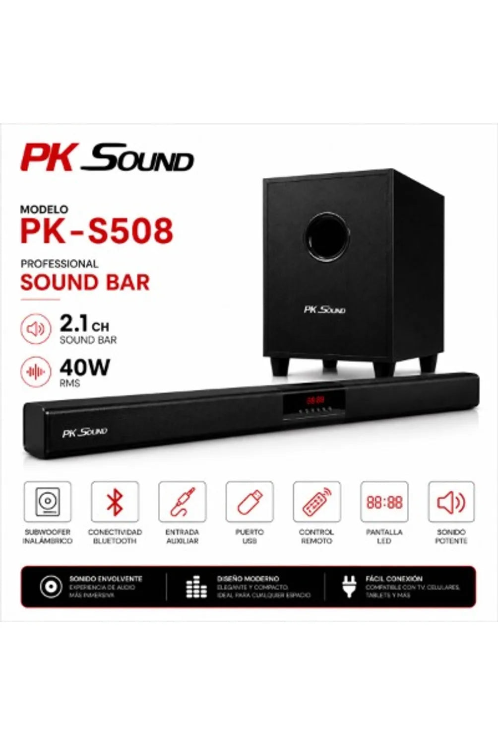 Barra de Sonido PK Sound 2.1 con Subwoofer 40W